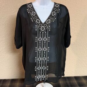 4/$15 White House Black Market Black Sheer Tunic with White Embroidery